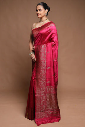 Pink Handloom Tussar Pure Silk Saree With Blouse Piece