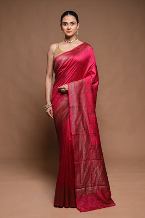 Pink Handloom Tussar Pure Silk Saree With Blouse Piece