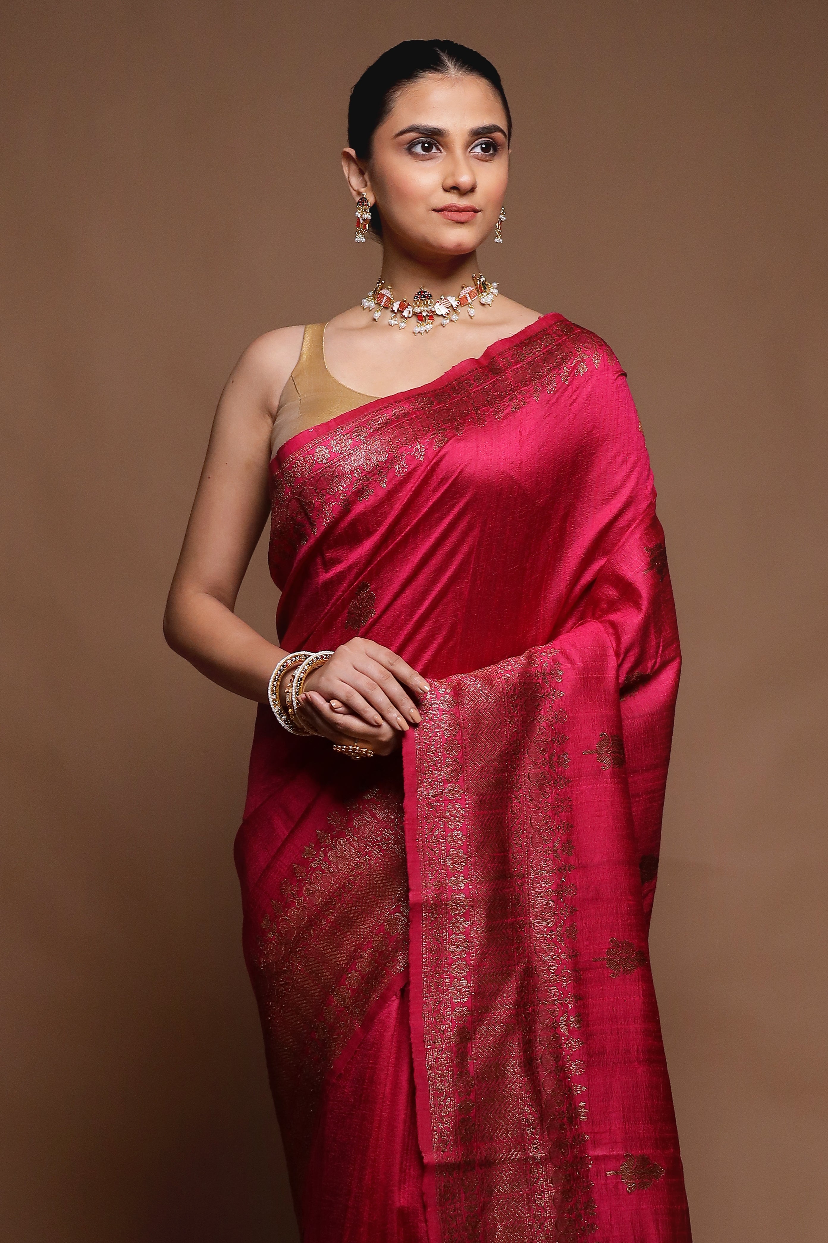 Pink Handloom Tussar Pure Silk Saree With Blouse Piece