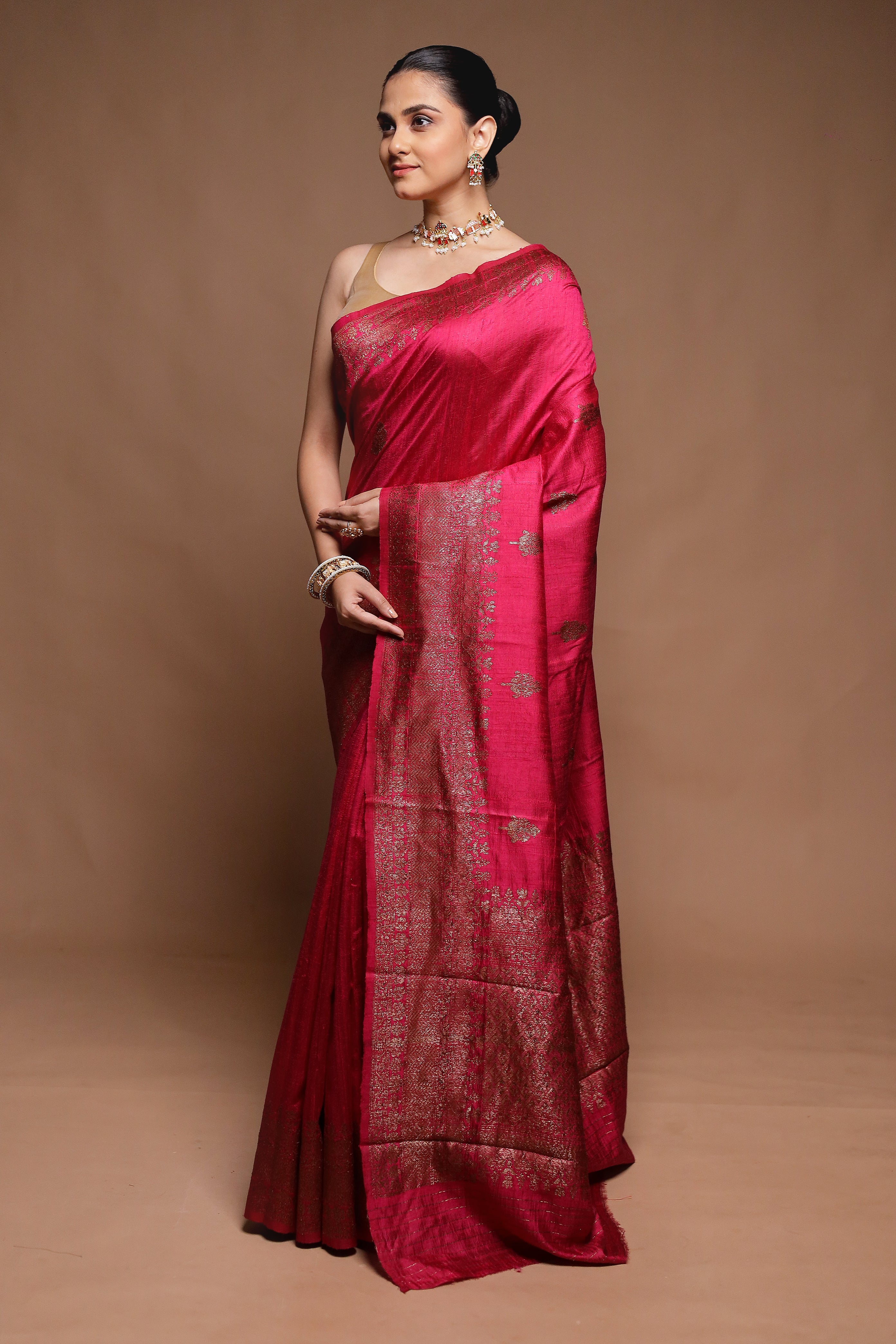 Pink Handloom Tussar Pure Silk Saree With Blouse Piece