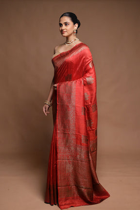 Red Handloom Tussar Pure Silk Saree With Blouse Piece