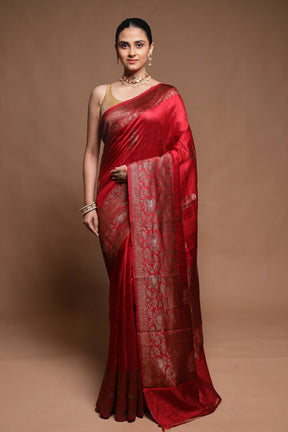 Red Handloom Tussar Pure Silk Saree With Blouse Piece