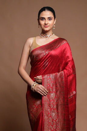 Red Handloom Tussar Pure Silk Saree With Blouse Piece