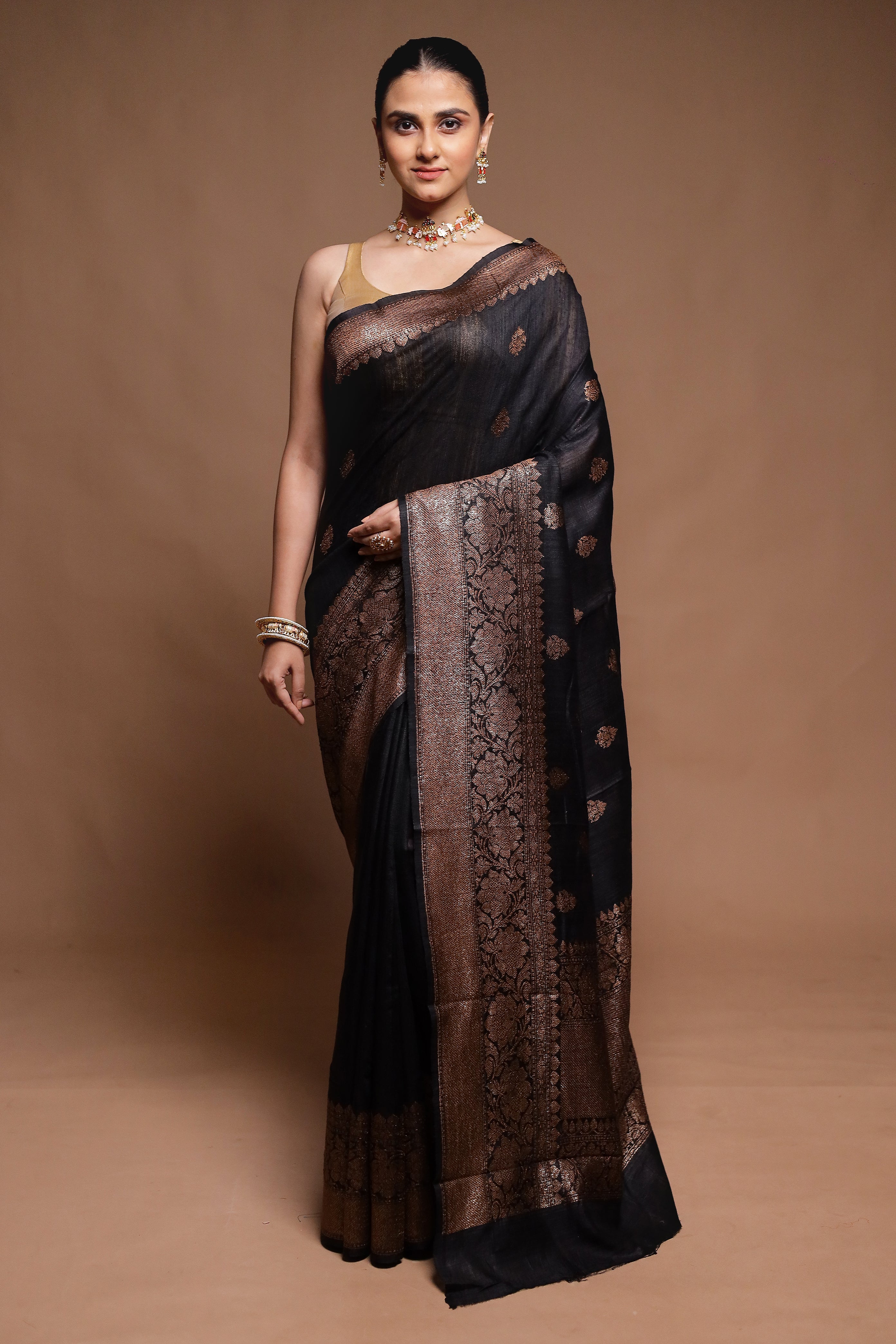 Black Handloom Tussar Pure Silk Saree With Blouse Piece