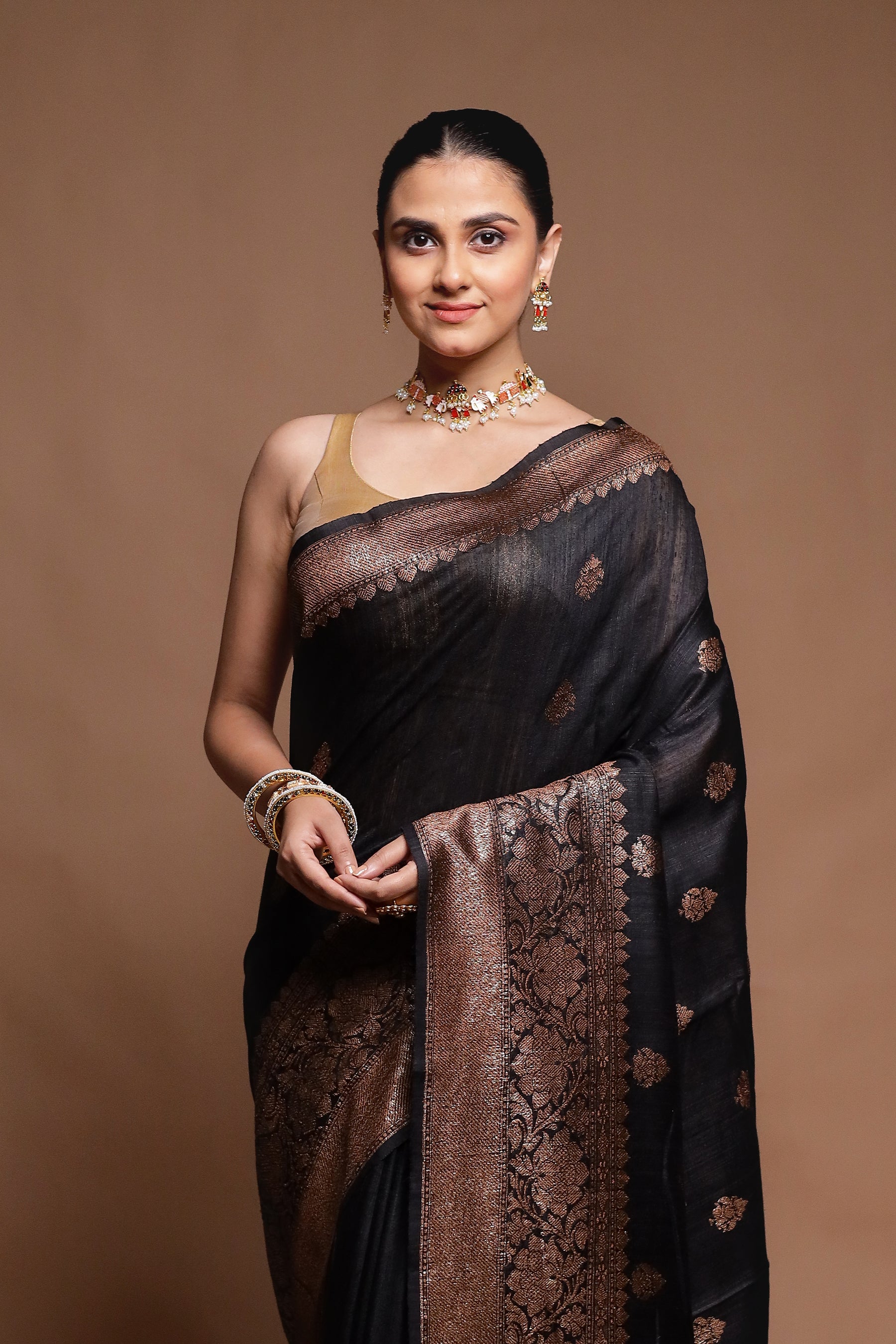 Black Handloom Tussar Pure Silk Saree With Blouse Piece