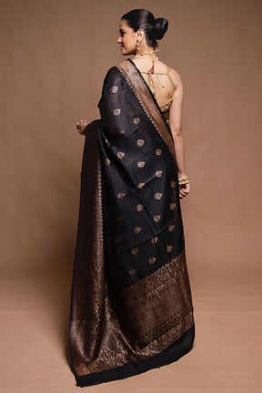 Black Handloom Tussar Pure Silk Saree With Blouse Piece