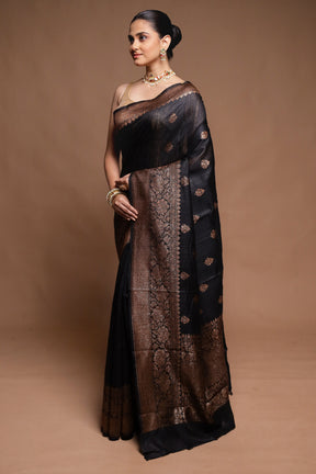 Black Handloom Tussar Pure Silk Saree With Blouse Piece