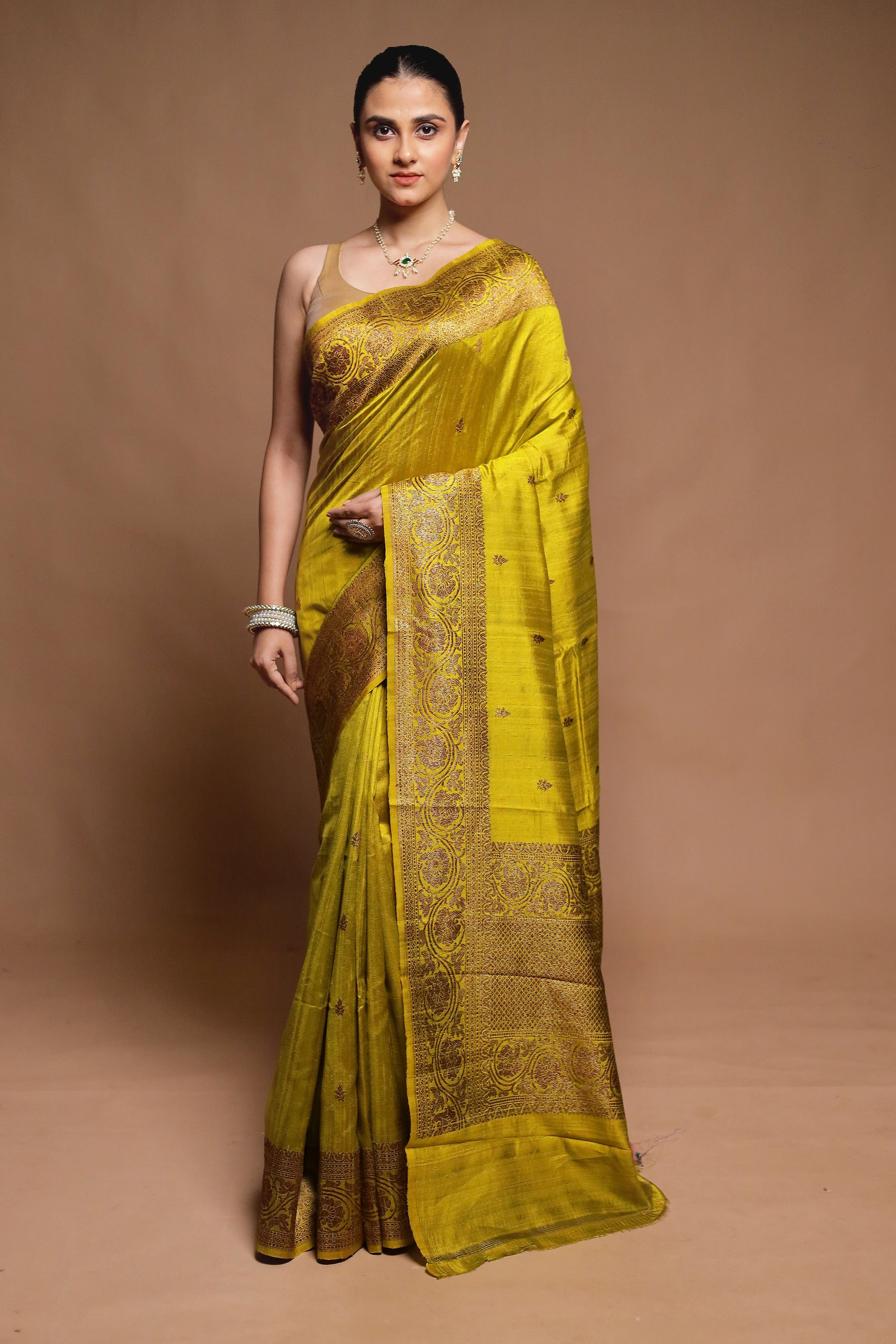 Yellow Handloom Tussar Pure Silk Saree With Blouse Piece