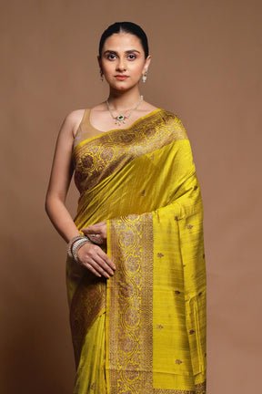 Yellow Handloom Tussar Pure Silk Saree With Blouse Piece