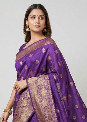 Purple Handloom Tussar Pure Silk Saree With Blouse Piece