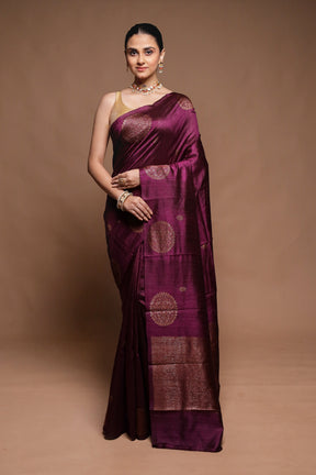 Wine Handloom Tussar Pure Silk Saree With Blouse Piece