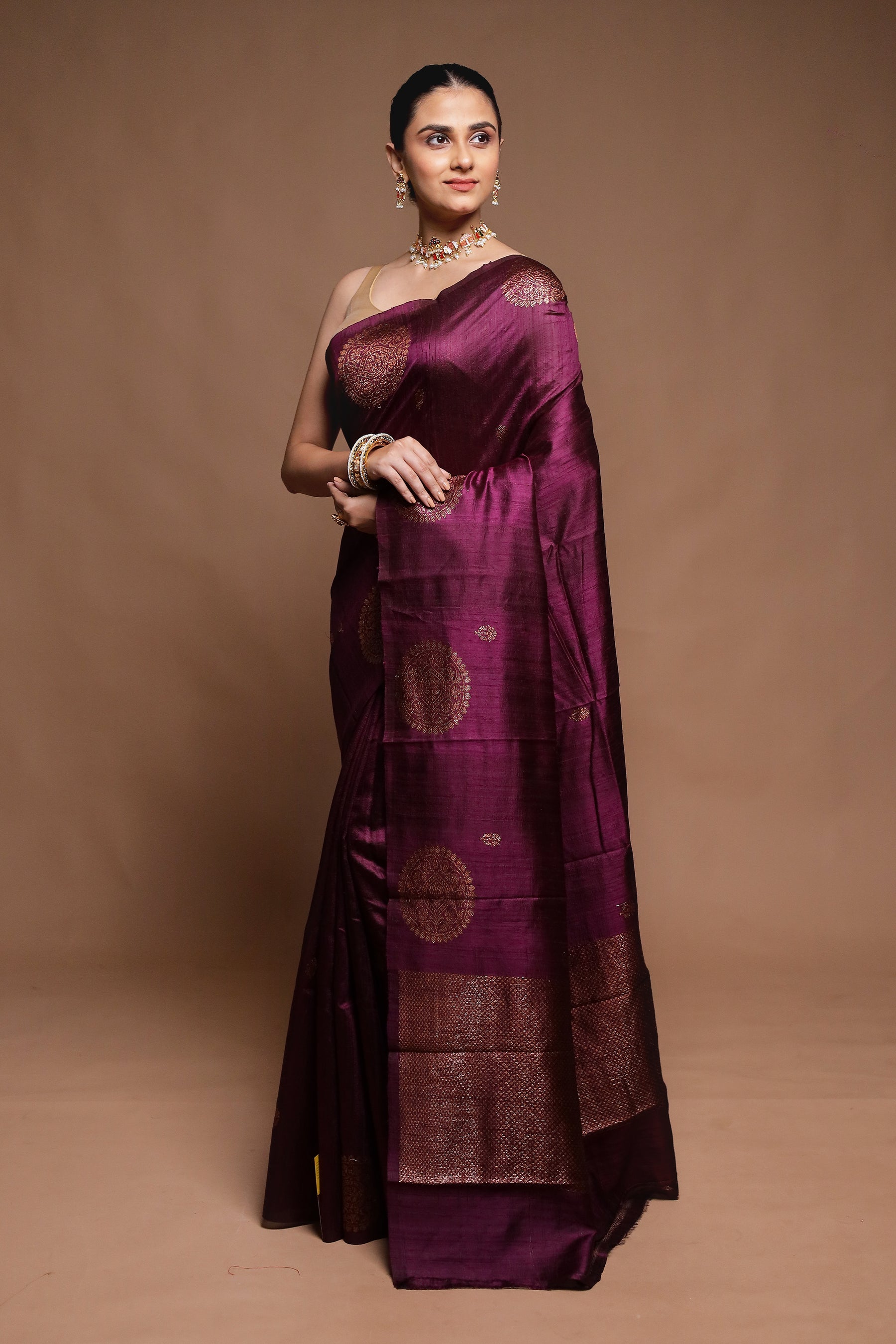 Wine Handloom Tussar Pure Silk Saree With Blouse Piece