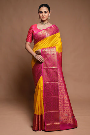 Yellow Kanjivaram Silk Saree With Blouse Piece