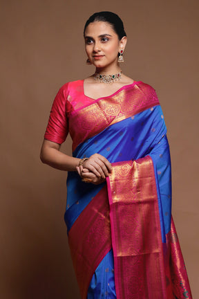 Blue Kanjivaram Silk Saree With Blouse Piece