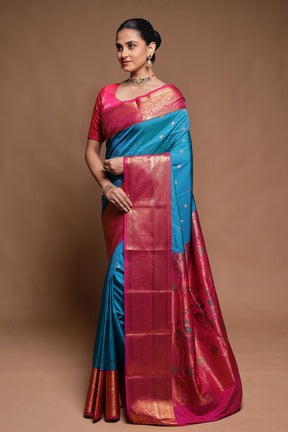 Blue Kanjivaram Silk Saree With Blouse Piece