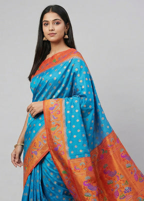 Blue Kanjivaram Silk Saree With Blouse Piece