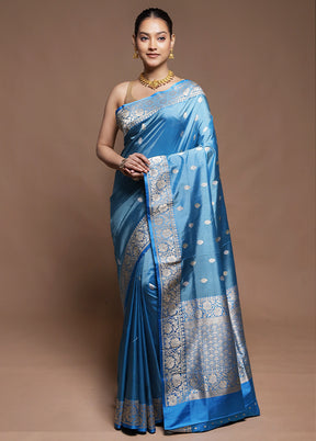Blue Handloom Katan Pure Silk Saree With Blouse Piece