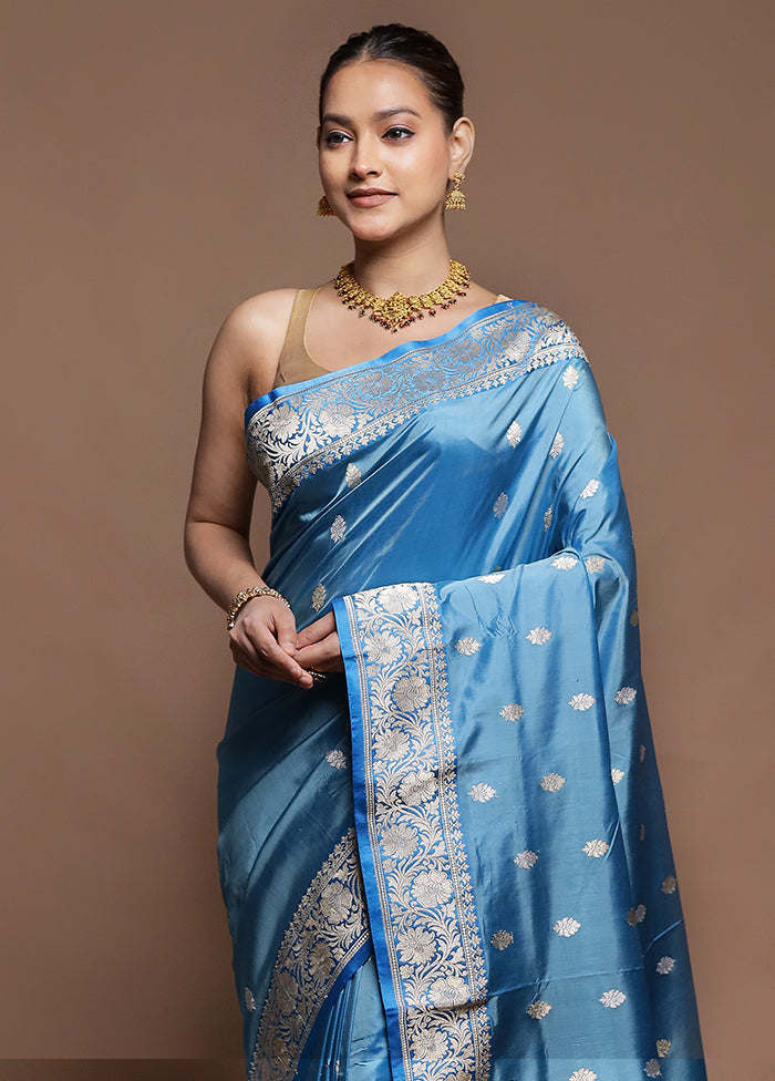 Blue Handloom Katan Pure Silk Saree With Blouse Piece