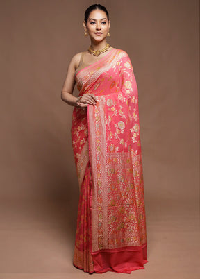 Pink Handloom Pure Georgette Saree With Blouse Piece