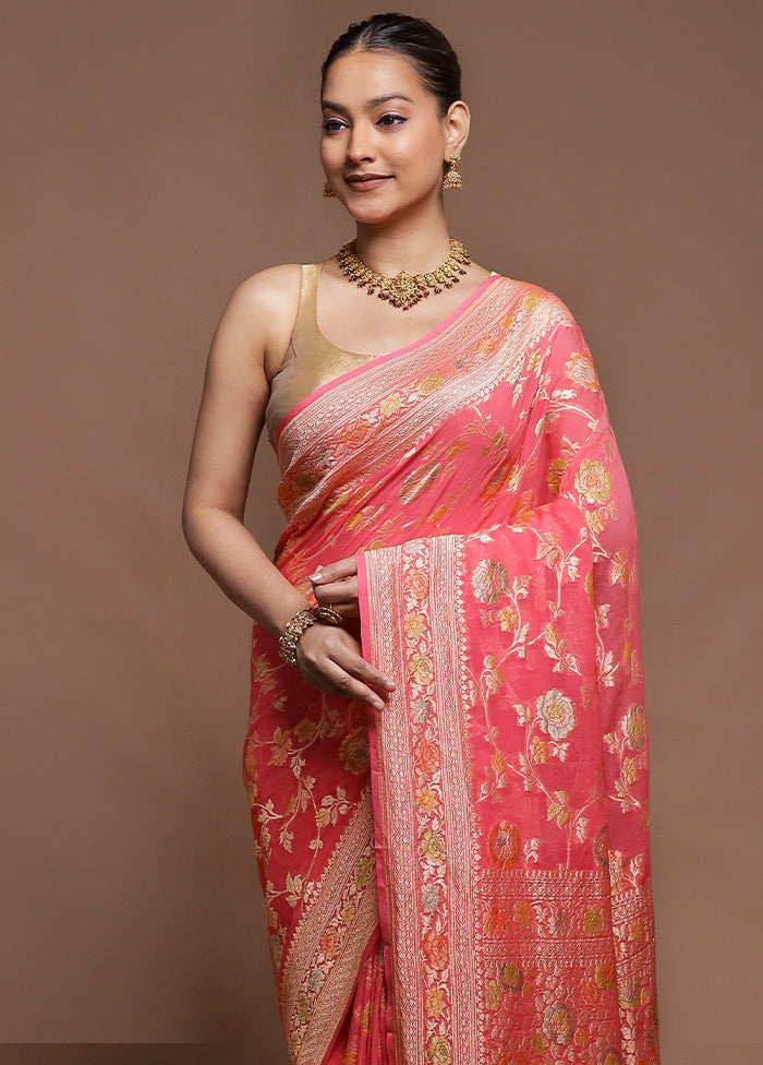 Pink Handloom Pure Georgette Saree With Blouse Piece