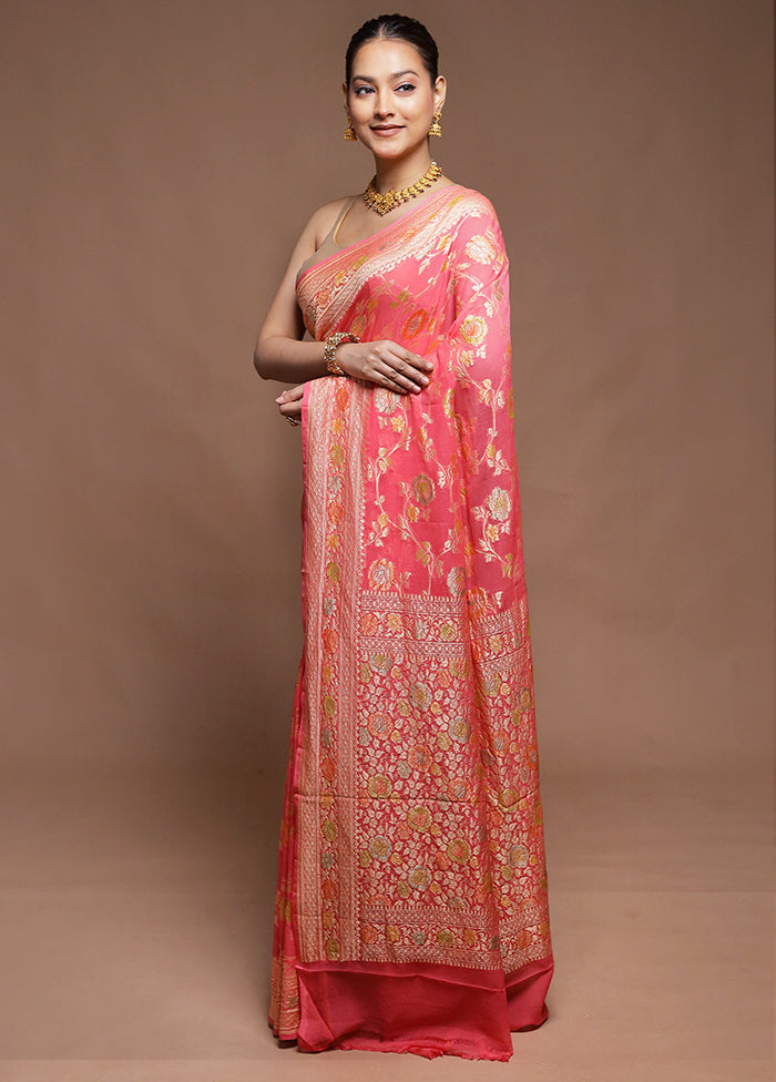 Pink Handloom Pure Georgette Saree With Blouse Piece