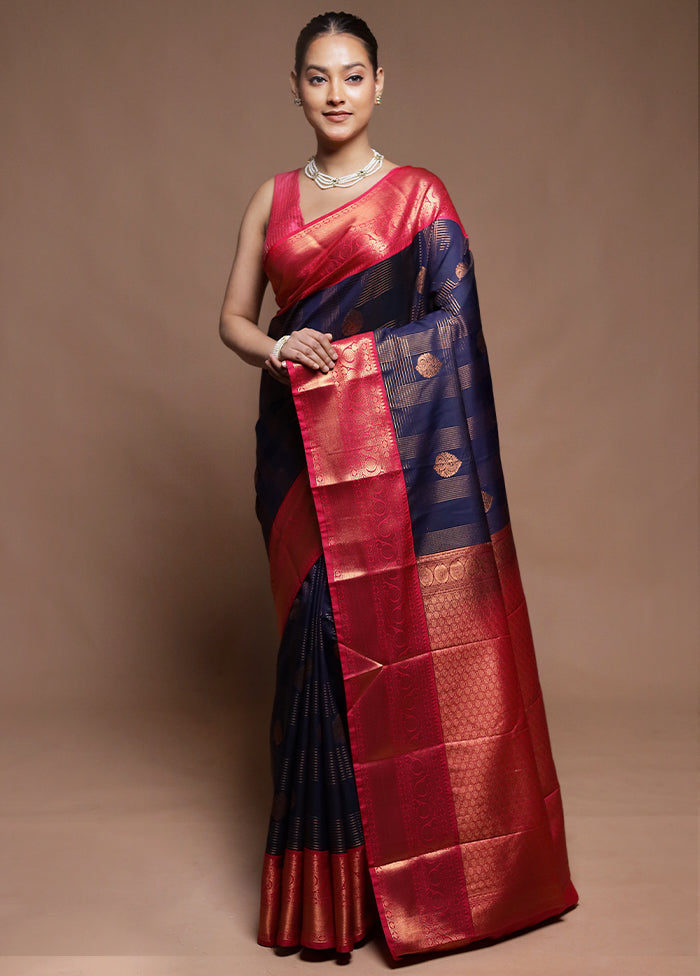 Blue Kanjivaram Silk Saree With Blouse Piece