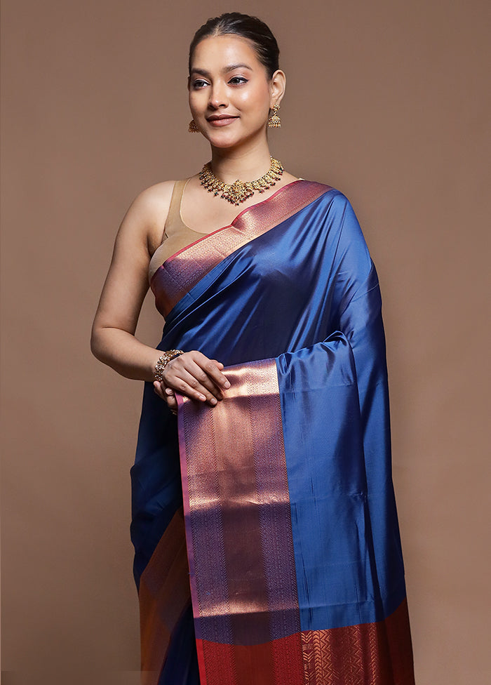 Blue Dupion Silk Saree With Blouse Piece