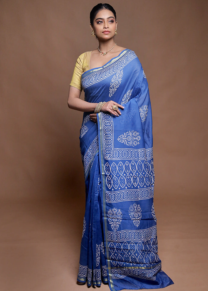 Blue Chanderi Cotton Saree With Blouse Piece