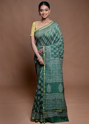 Green Chanderi Cotton Saree With Blouse Piece