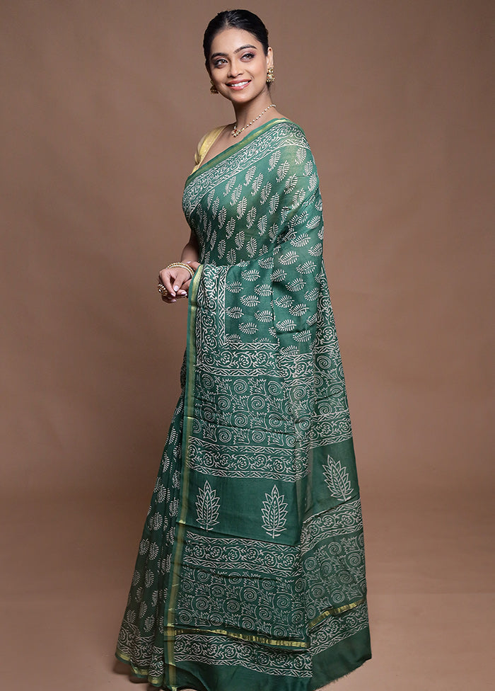 Green Chanderi Cotton Saree With Blouse Piece