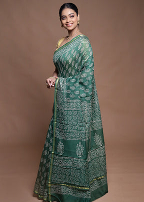 Green Chanderi Cotton Saree With Blouse Piece
