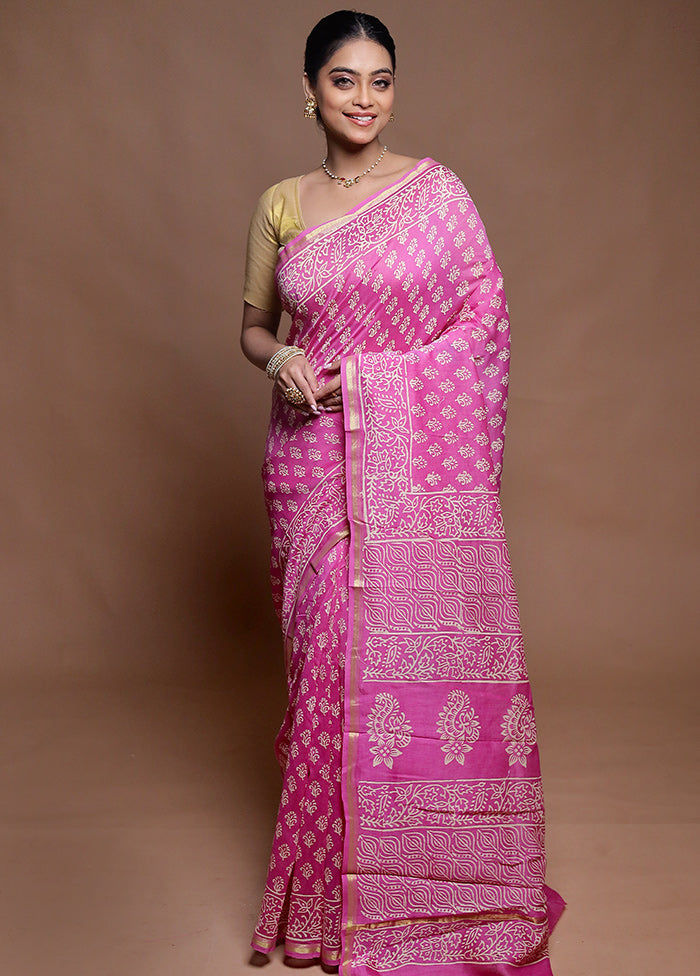 Pink Chanderi Cotton Saree With Blouse Piece