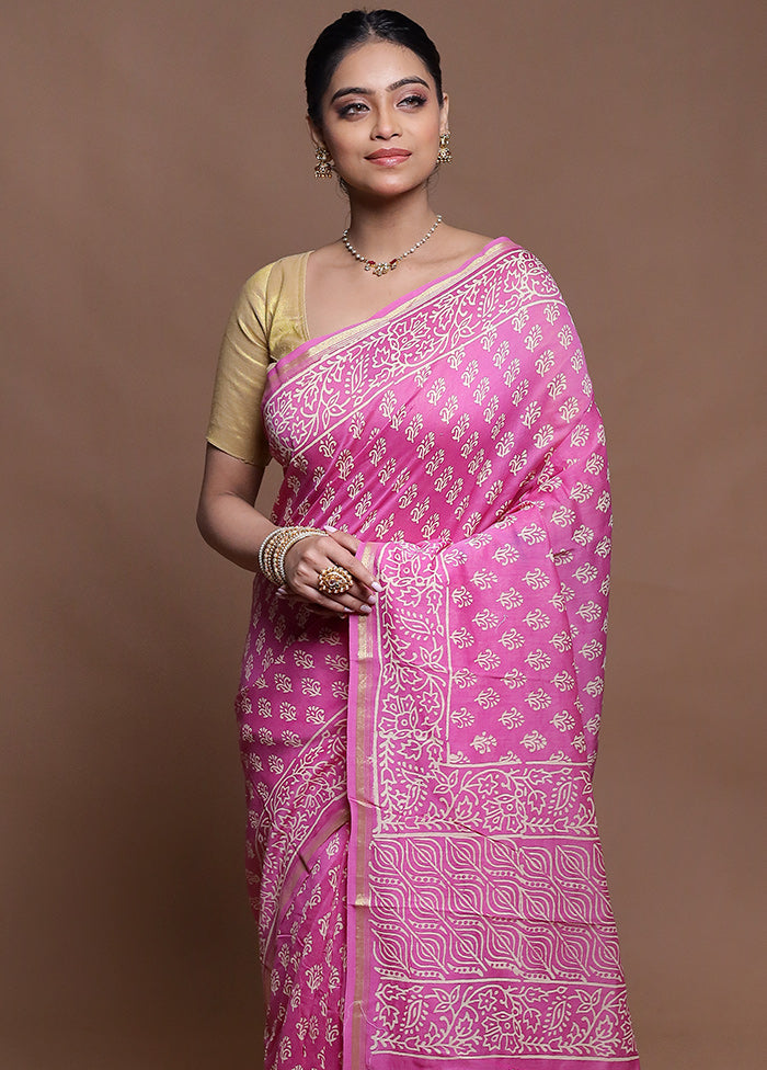 Pink Chanderi Cotton Saree With Blouse Piece