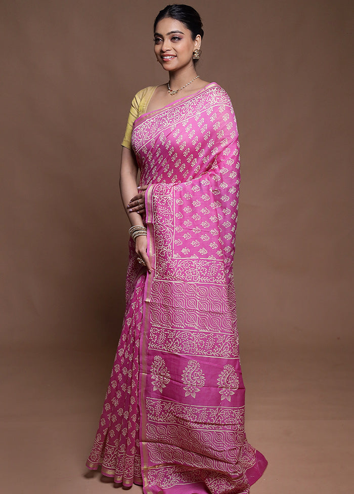 Pink Chanderi Cotton Saree With Blouse Piece