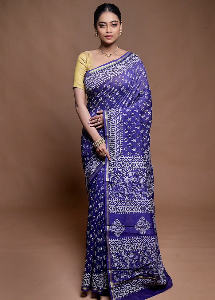 Blue Chanderi Cotton Saree With Blouse Piece