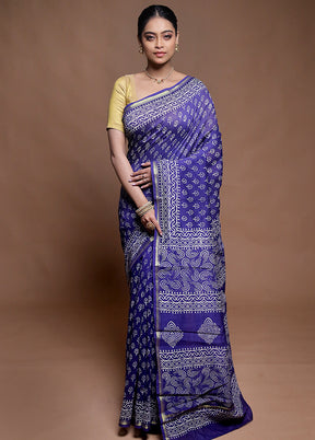 Blue Chanderi Cotton Saree With Blouse Piece