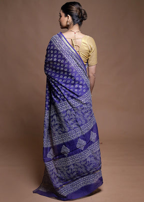 Blue Chanderi Cotton Saree With Blouse Piece