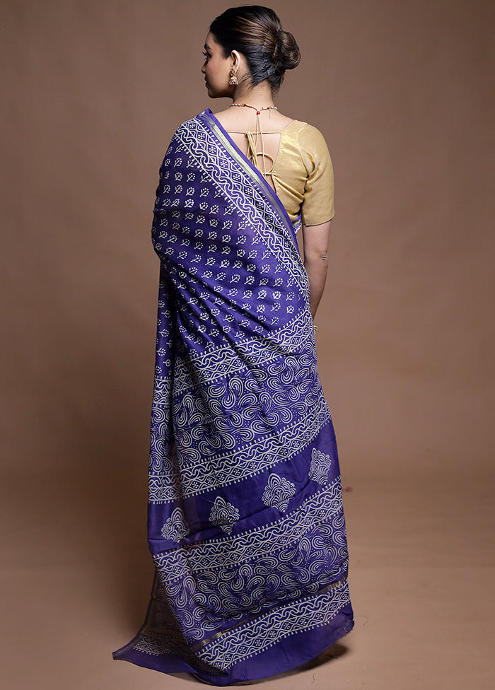Blue Chanderi Cotton Saree With Blouse Piece