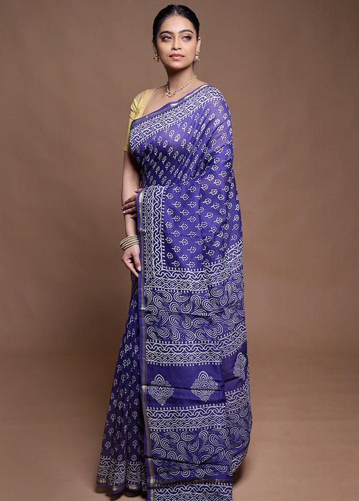 Blue Chanderi Cotton Saree With Blouse Piece