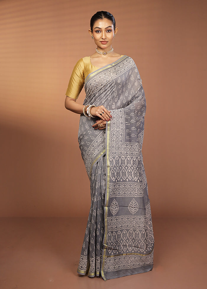 Grey Chanderi Silk Saree With Blouse Piece