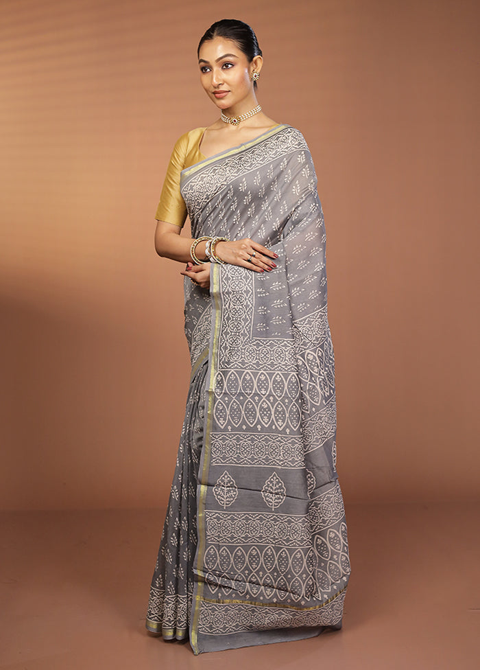 Grey Chanderi Silk Saree With Blouse Piece