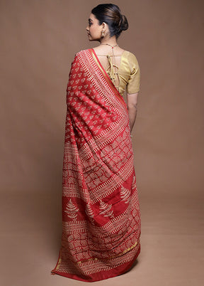 Red Chanderi Cotton Saree With Blouse Piece