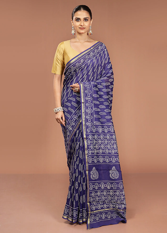 Blue Chanderi Cotton Saree With Blouse Piece