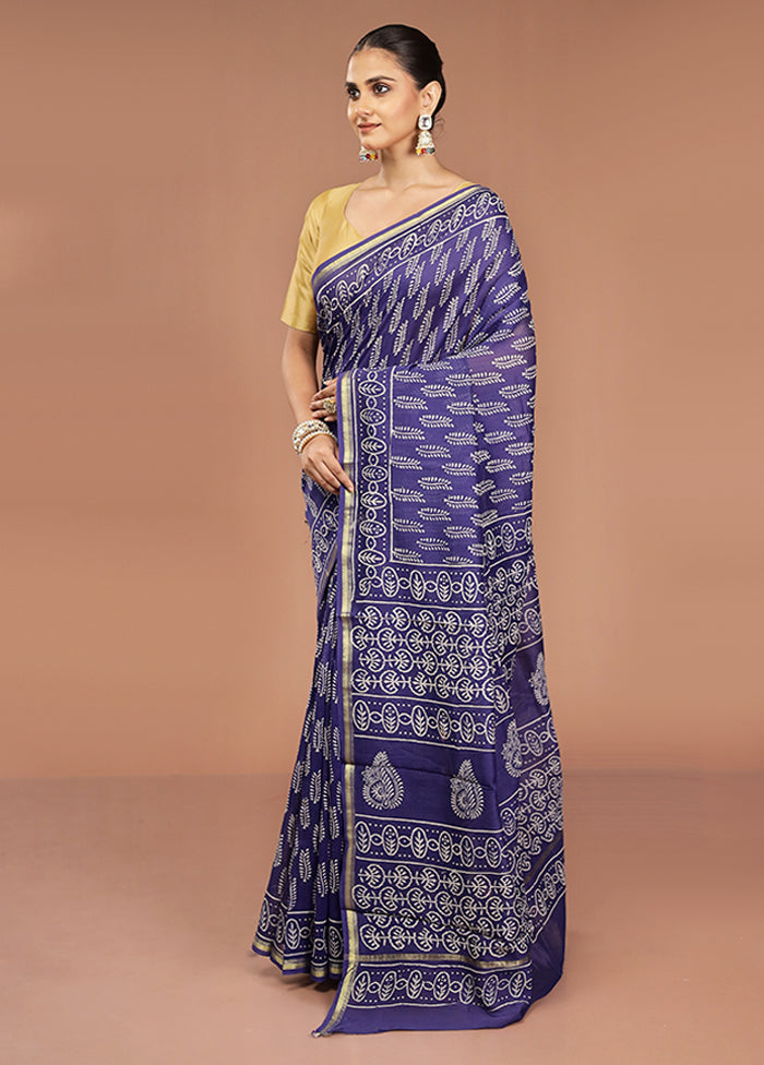 Blue Chanderi Cotton Saree With Blouse Piece