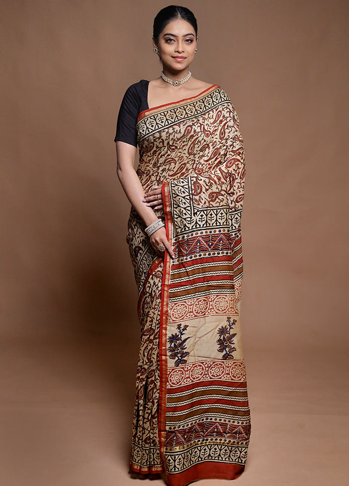 Cream Chanderi Cotton Saree With Blouse Piece
