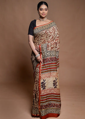Cream Chanderi Cotton Saree With Blouse Piece