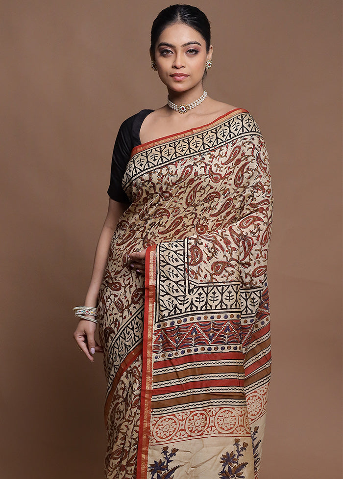 Cream Chanderi Cotton Saree With Blouse Piece