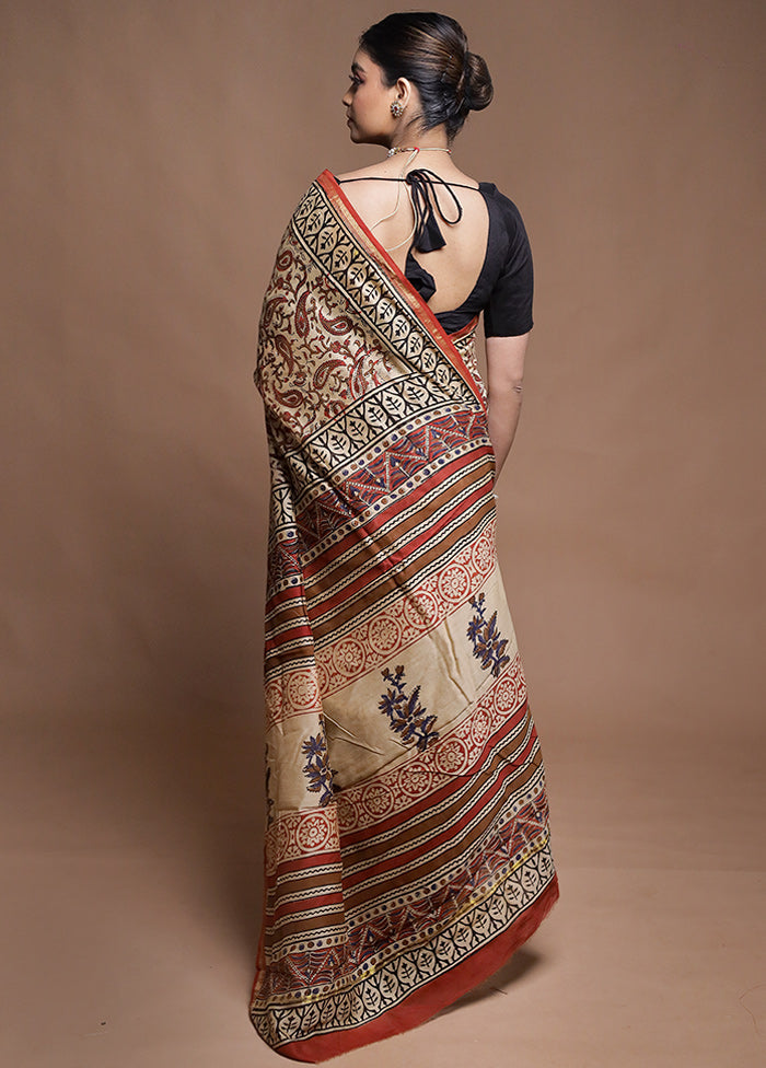 Cream Chanderi Cotton Saree With Blouse Piece