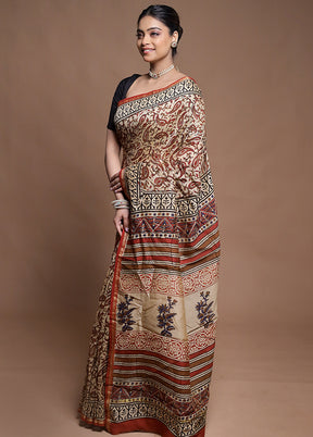 Cream Chanderi Cotton Saree With Blouse Piece