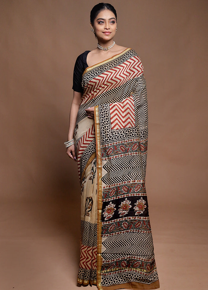 Cream Chanderi Cotton Saree With Blouse Piece
